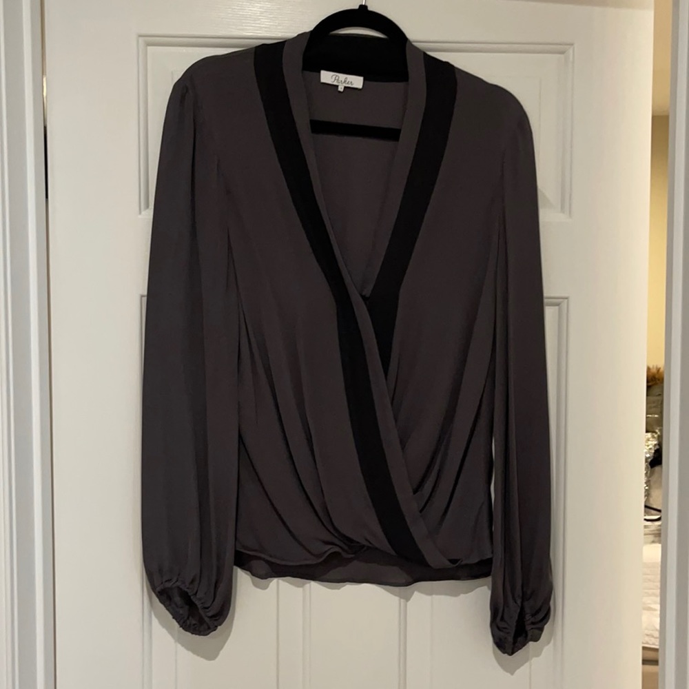 Parker Gray and Black Silk Blouse Size Large